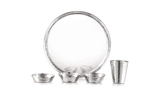 Stainless Steel Dinner Set Deluxe V Shape- 5 PCS Set Stainless Steel Dinner Set |Includes Plate, Curry Bowls, Side Plate, Glass & Spoon |Silver