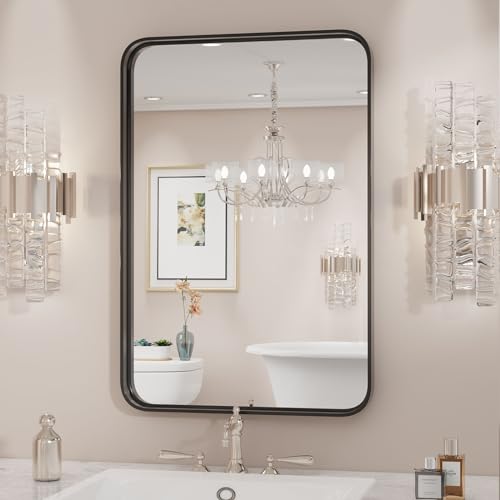 Bathroom Mirror 30x22 Inch Black Metal Framed Rounded Rectangle Vanity Mirror for Wall, Over Sink, Farmhouse, Restroom, Anti-Rust, Modern Decorative, Horizontal or Vertical Hanging