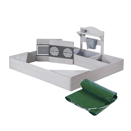 (-50%) roba Sandkasten aus Holz inkl. Matschküche & Abdeckplane - Sandkiste mit Spielwanne & bedruckten Herdplatten - Wetterfestes Holz grau lasiert