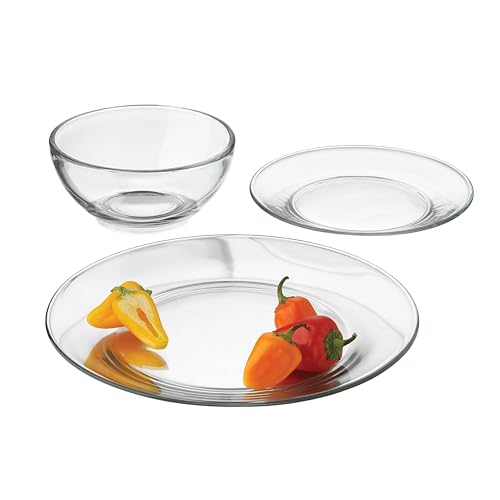 Libbey 12 Pc Glass Dinnerware Set, Stackable Glass Plate and Bowl Set w/Round Shape, Modern Plates and Bowls Sets for Gatherings, and Everyday Use