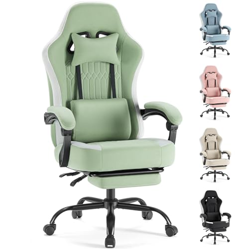 Sweetcrispy Computer Gaming Chair - High Back Ergonomic Desk Chair with Footrest and Lumbar Support, Height Adjustable Task Chair with Linkage Armrests and Headrest, 360° Swivel Wheels, Green