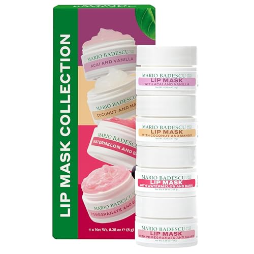 Mario Badescu Lip Mask Collection Gift Set – 4 Pc Hydrating Lip Masks for Dry Lips in Acai Vanilla, Watermelon Basil, Coconut Mango & Pomegranate Guava – Overnight Moisture & Nourishing Care