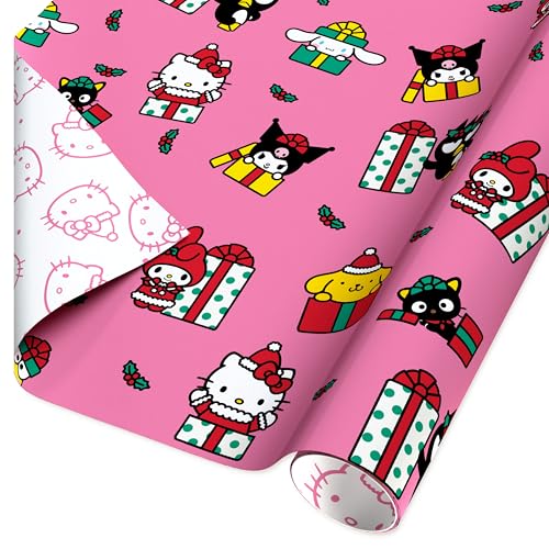 American Greetings Hello Kitty Christmas Wrapping Paper Roll for Kids, Pink Holiday Gift Wrap (40 sq. ft., 1 Reversible Roll) Kuromi, My Melody, Cinnamoroll, Purin, Chococat