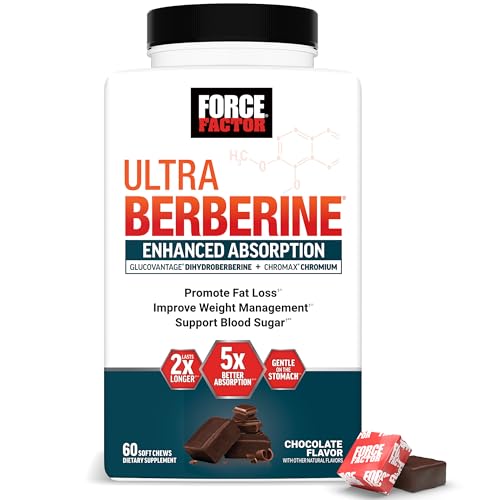 Force Factor Ultra Berberine Enhanced Absorption, with GlucoVantage Dihydroberberine & Chromium, 5X Better Absorption, Lasts 2X Longer, Gentle on The Stomach, Chocolate, 60 Soft Chews