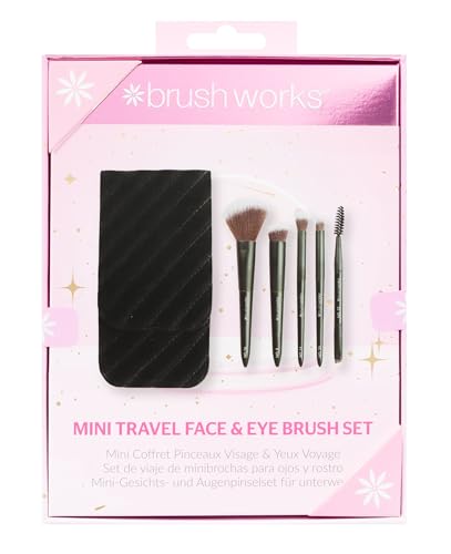 Brushworks Mini Travel Face & Eye Brush Set – 5 Piece Makeup Brush Kit with Velvet Storage Pouch, Soft Synthetic Bristles, Vegan Brushes for Liquid, Cream & Powder