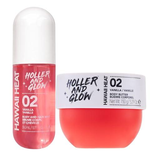�️Bundle of Holler And Glow Hawaii Heat Body & Hair Mist + Body Butter, Body Spray, Warm Vanilla, Peony & Amber Scented,