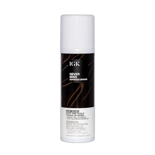 IGK Never Miss Root and Scalp Touch-Up Spray for Gray Coverage – Dark Brown Hair Color, Sweat-Resistant, Waterproof, Natural-Looking Root Concealer, 2.0 oz