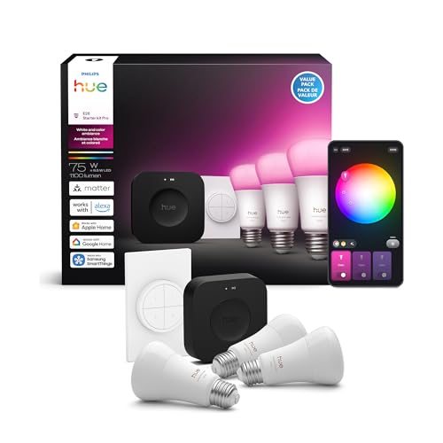 Philips Hue Starter Kit: Bridge Pro + 3 A19 E26 Smart Bulbs + Tap Dial Switch, White and Color Ambiance, Smart Light Hub, Works with Voice