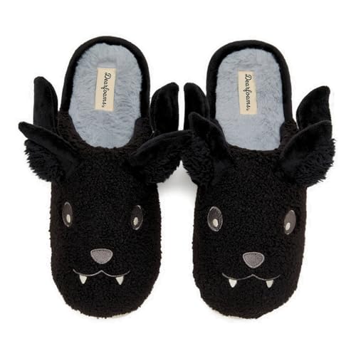 Dearfoams Unisex Spooky Fuzzy Halloween Pumpkin Jack O Lantern Slipper, Black Bat, 7-8 US Women