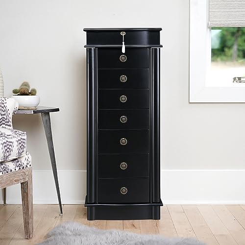 Hives and Honey Noelle Standing Jewelry Armoire, Locking Organizer with Mirror, 7 Drawers, Side Doors, Necklace Hooks, Ring Rolls, Jewelry Box for Earrings, Bracelets, and More, Black