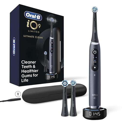 Oral-B iO Series 9 Limited Rechargeable Black Electric Toothbrush with (2) Ultimate Clean and (1) Gentle Care Replacement Brush Heads, Black, Travel Case and Charger