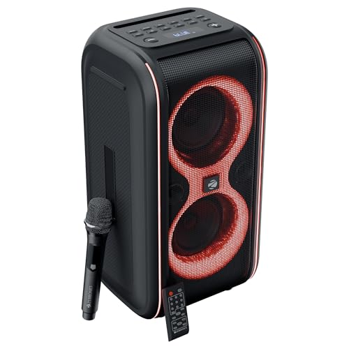 ZEBRONICS Portable Bluetooth Speaker, Upto 5 Hours Playback, Dual 16.51cm Drivers, Karaoke, TWS, BT v5.4, USB, mSD, AUX, RGB, Wireless Mic with Displa
