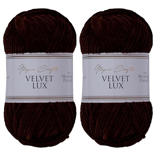 Utopia Crafts Velvet Lux Chenille Super Soft Chunky Yarn for Knitting and Crochet 2X 100g (Dark Brown)