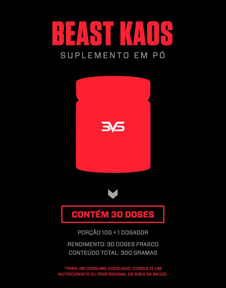 Pré-Treino Beast Kaos 3VS Nutrition 300gr Sabor Frutas Vermelhas | Com Citrulina, Beta Alanina, Cafeína, Arginina, Taurina e Tirosina