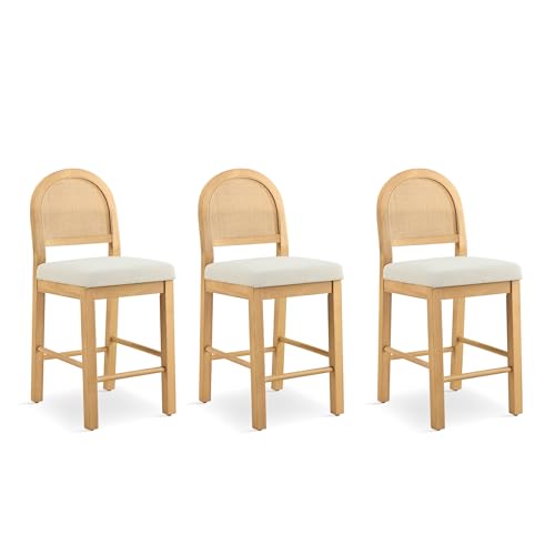 Rattan Counter Height Bar Stools Set of 3, Upholstered Farmhouse Barstools with Natural Rattan Back, Wooden Legs for Kitchen Island, Natural/Linen
