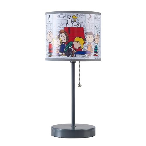 Peanuts Snoopy Kids Table Lamp for Kids,Stick Lamp with Printed Shade & Pull Chain,Bedroom or Nursery Nightstand Lighting