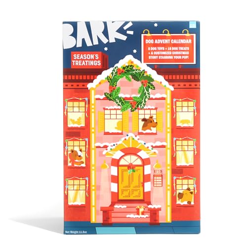 Barkbox Dog Advent Calendar – Holiday Gift Box with 8 Festive Plush Dog Toys & 16 Bakery-Style Treats – Squeaky, Fluffy & Crunchy Surprises for Small to Large Dogs