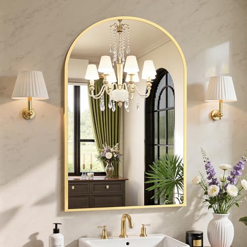 Sweetcrispy 24"x36" Arched Gold Bathroom Mirror Wall Mounted Vanity Metal Frame Mirror for Bedroom, Entryway, Living Room