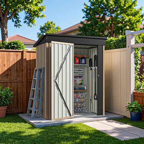 Greesum 5×3FT Outdoor Storage Shed, Metal Patio Storaged Sheds with Lockable Doors, Sheds & Outdoor Storage for Bike, Backyard, Pool and Garden, Brown