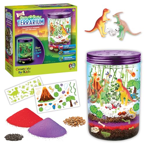 Creativity for Kids Grow N Glow Dinosaur Terrarium Kit | Create, Plant & Grow a Prehistoric Habitat | DIY Terrarium Kit with Glow-in-The-Dark Stickers & Dino Toys | STEM Science Kit (Ages 6+)
