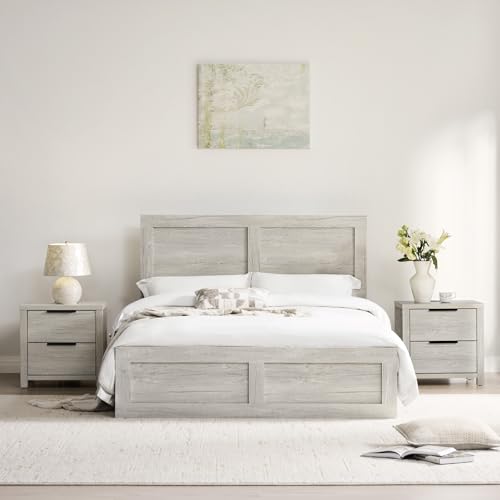 KISLOT 3 Pieces Bedroom Set, Queen Size Wood Platform Bed Frame and 2 Nightstands, Storage Nightstand with Type-C Charging Port, Farmhouse Bedroom Furniture Set