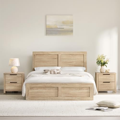 KISLOT 3 Pieces Bedroom Set, Full Size Wood Platform Bed Frame and 2 Nightstands, Storage Nightstand with Type-C Charging Port, Farmhouse Bedroom Furniture Set