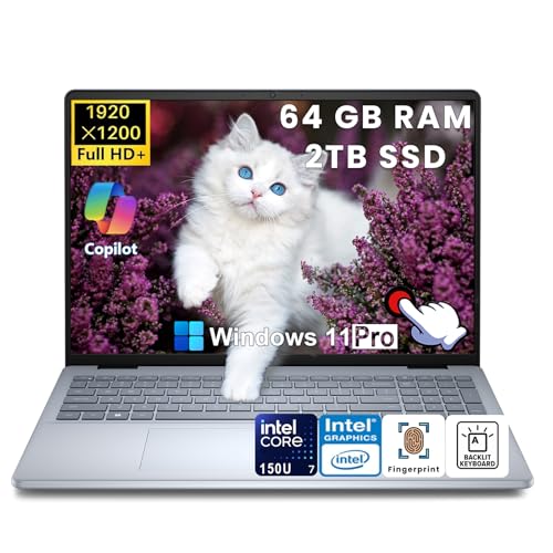 Dell 16-Inch Touchscreen Laptop Computer – Intel Core 7 150U, 64GB DDR5 RAM, 2TB SSD, 16" FHD+ IPS Display, Ai Copilot, Fingerprint Reader, Backlit KB, 1080p Webcam, Win 11 Pro, w/Accessories