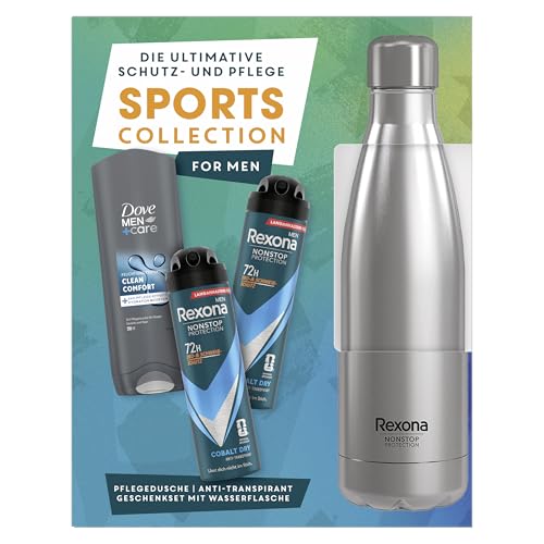 🔥 STARKER PREIS (-88%) Rexona Geschenkset für Männer Sports Collection Pflegeset mit 2x Anti Transpirant (2x 150 ml), Pflegedusche (250 ml) und einer Trinkflasche aus Edelstahl (750 ml)