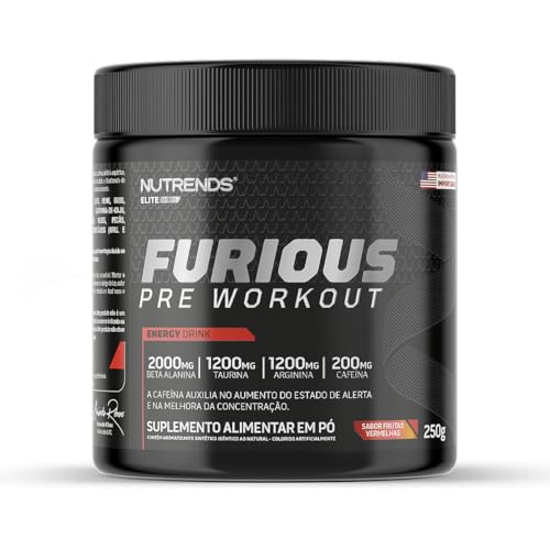 Furious Pre Workout 250g – Pré-Treino de Alta Performance, 2000mg Beta-Alanina, 1200mg Taurina, 1200mg Arginina, 200mg Cafeína, Sabor Frutas Vermelhas