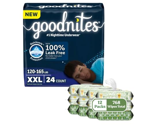 Bundle of Goodnites Boys' Nighttime Underwear, Size XXL (120-165 lbs), 24 Ct (2 Packs of 12) + Huggies Natural Care Sensitive Baby Wipes, 12 Flip-Top Packs (768 Wipes Total), Packaging May Vary