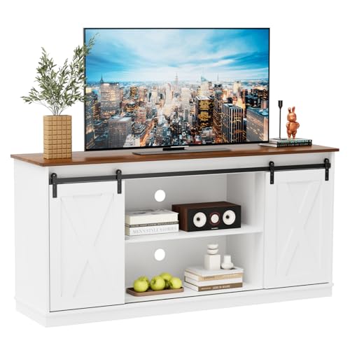 Sweetcrispy Farmhouse TV Stand 65 Inch for Living Room Bedroom White, Tall Entertainment Center with Storage Shelves, Media Console Cabinet with Wood Board, 300 LBS Capacity, and Sliding Barn Door