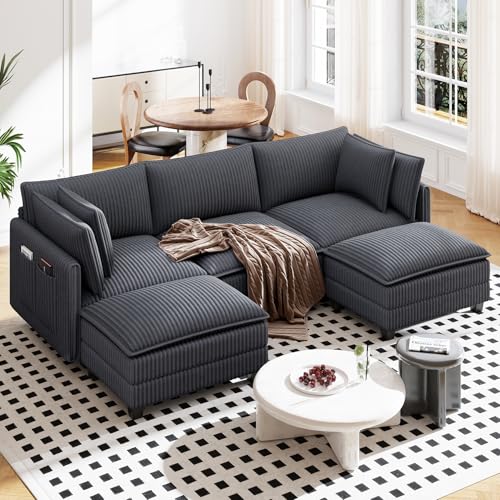 Vesgantti 109" U Shaped Cloud Sectional Sofa, Comfy Corduroy Upholstered Sectional Modular Sofas for Living Room, Modern Modular Couch with 2 Ottoman Deep Seat, Dark Grey
