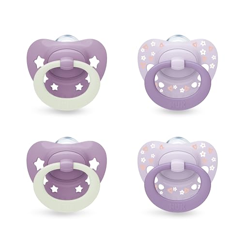 (-20%) NUK First Choice Classic Day & Night Baby Schnuller | 0-6 Monate | Orthodontische Schnuller, die im Dunkeln leuchten | 95% Akzeptanz bei Babys** | Lila | 4 Stück