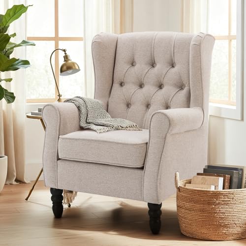 21,00€ Coupon! COLAMY Mid-Century Modern Sessel Wohnzimmer, Gepolsterter Wingback-Sessel mit Knopfsteppung, loungesessel Bezug aus Gewebe mit Massivholzbeinen für Wohnzimmer, Büro, Café - Beige