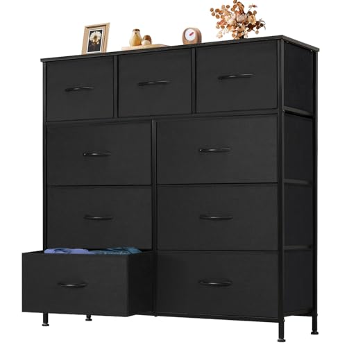 OLIXIS 9 Drawer Storage Dresser with Wood Top - Wide Fabric Chest Organizer for Bedroom, Closet, Living Room,Tower Cabinet, TV Stand, Hallway Entryway Furniture,Carbon Black