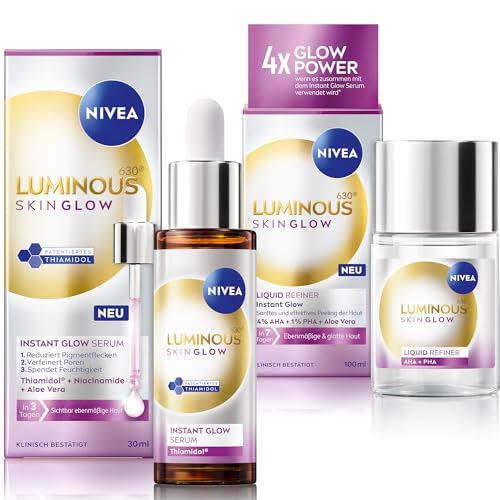 (-33%) NIVEA Luminous630 Skin Glow Set, Gesichtspflege Set mit Feuchtigkeitsserum (1 × 30 ml & 1 × 15 ml) und Liquid Refiner (100 ml), Gesichtsserum und AHA Peeling für strahlende Haut