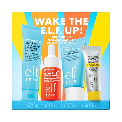 e.l.f. SKIN Wake the e.l.f. Up Skincare Kit, Travel-Size Hydrating Face Cleanser, Sunscreen, Moisturizer & Bri