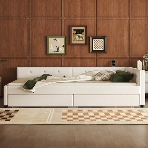 KMBOHE Queen Size Upholstery Daybed with USB Ports and 2 Drawers, Easy Assembly, No Box Spring Required Platform Bed for Living Room and Bedroom, Beige