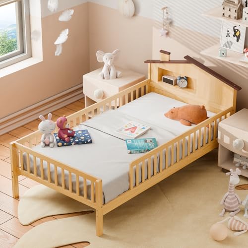 Sweetcrispy Twin Size Kids Bed with Storage - Solid Wood House Headboard & Safety Guardrails, Space-Saving Bed Frame, No Box Spring, Natural Brown
