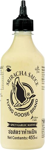 (-24%) FLYING GOOSE Sriracha Spicy Mayoo Sauce, Knoblauch und Gelbe Chilis, süß scharfe Mayonnaise, leicht scharf, orange Kappe, Würzsauce aus Thailand, vegan, glutenfrei, 1 x 455 ml