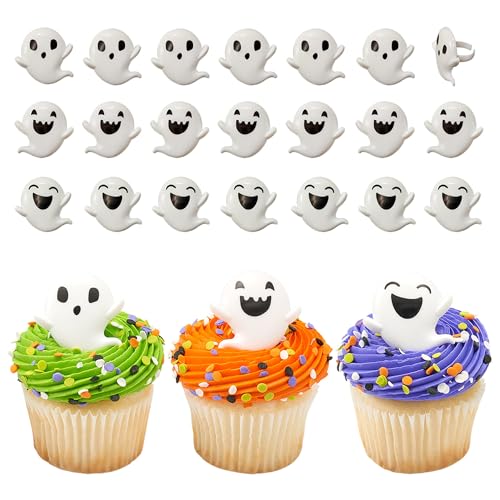 DecoPac Ghost Cupcake Toppers, 24 Halloween Spooky Faces Cupcake Rings For Celebrations, Trick or Treat, & Parties - 24 Pack