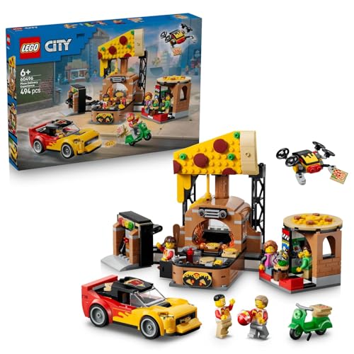 (-32%) LEGO City Pizza-Liefererlebnis mit Fahrzeugen - inkl. Spielzeugauto, Roller, Drohne, Arcade-Automat und 4 Minifiguren - Geburtstagsgeschenk für Jungen ab 6 Jahren - 60496