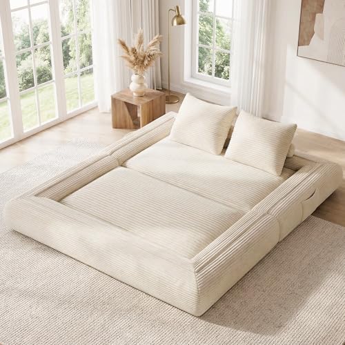 Jocoevol 75'' Queen Folding Convertible Sofa Bed with Large Pillow, 4-in-1 Floor Foldable Futon Sofa Bed, Chenille Boneless Mattress Couch, Floor Sleeper Sofa Chair Bed for Living Room/Bedroom, Grey