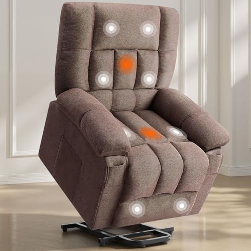 Sweetcrispy Power Lift Recliner Chair with Vibration Massage and Heat for Elderly, Ergonomic Overstuffed Breathable Fabric Reclining Chair with 3 Pockets, Remote Control, Living Room, Bedroom, Brown
