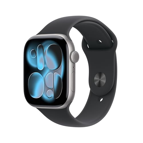 (-20%) Apple Watch Series 11 GPS 46 mm Smartwatch mit Aluminiumgehäuse in Space Grau und Sportarmband in Schwarz (M/L). Schlafindex, Fitnesstracker, Gesundheitstracking, Always-On Display, Wasserschutz