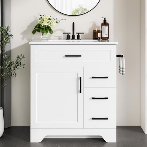 IRONCK 30" Bathroom Vanity with Sink, Freestanding Bathroom Storage Cabinet with 2 Drawers, 1 Tip-Out Drawer and 1 Soft-Close Door, Undermount Rectangular Ceramic Sink, Assembly Required, White