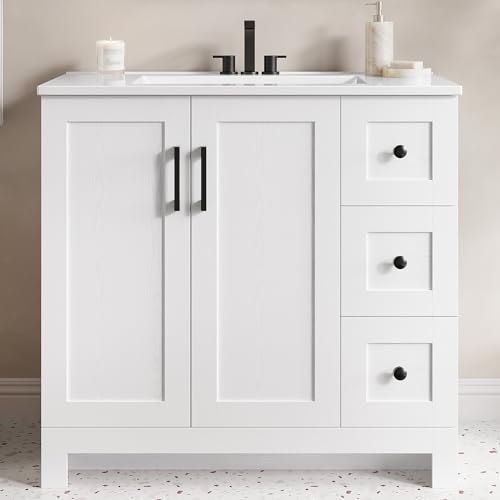 IRONCK 36" Bathroom Vanity with Sink, Freestanding Modern Bathroom Vanity Cabinet with 2 Soft-Close Doors & 2 Storage Drawers, Undermount Rectangular Ceramic Sink, Assembly Required, White