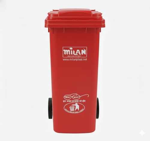 Milan Plastic Manual-Lift Garbage Waste Dustbin with Wheels 120 Ltr Red