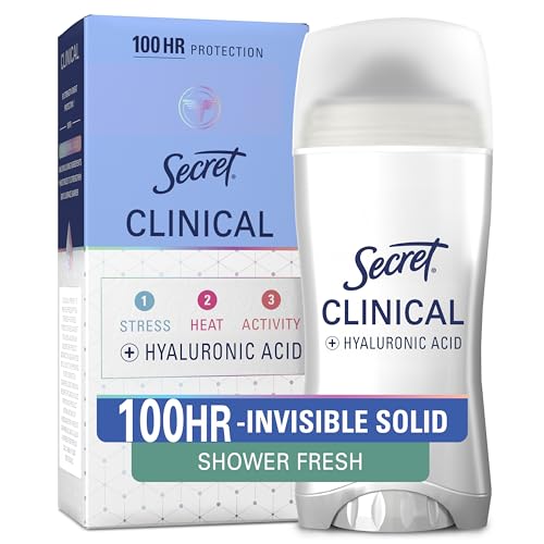 Secret Clinical Antiperspirant Deodorant for Women, 100HR Sweat & Odor Protection, Hyaluronic Acid, Invisible Solid, Shower Fresh, 2.6 oz