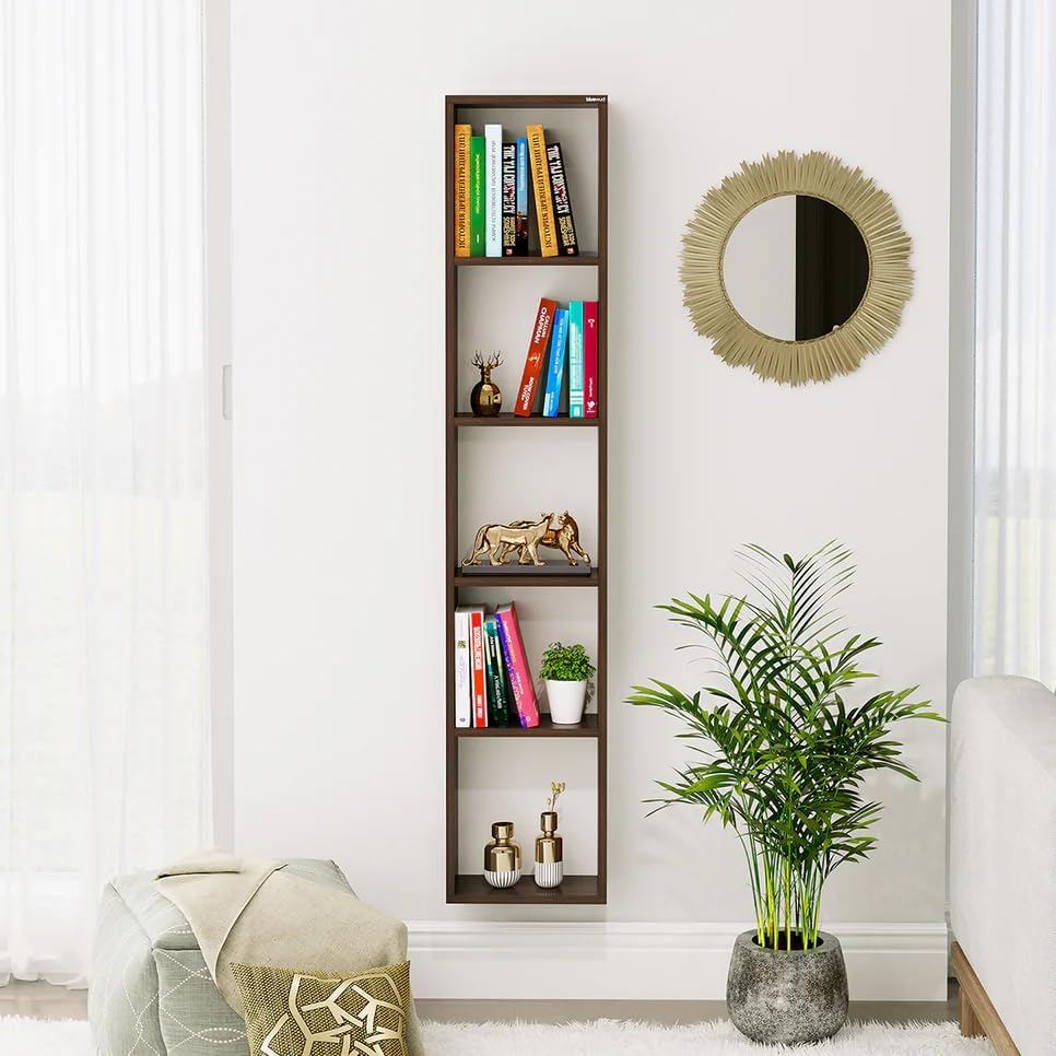 Furniture Café Wooden Wall Mounted 5-Tier Vertical Bookshelf – Slim Storage & Display Rack for Living Room, Bedroom, Office (Brown)